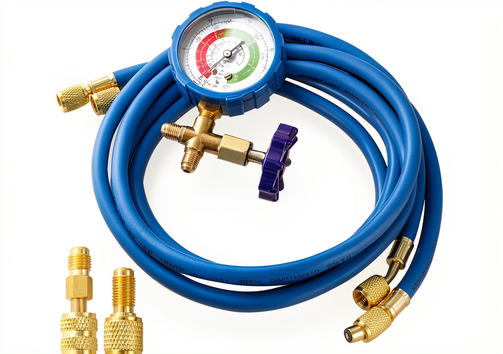 Installing Tigbear AC Refrigerant Charging Hose Kit Blue Brass on a wooden desk